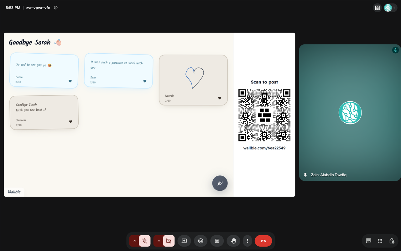 A Wallble wall shown to everyone in a Google Meet call, with a QR code